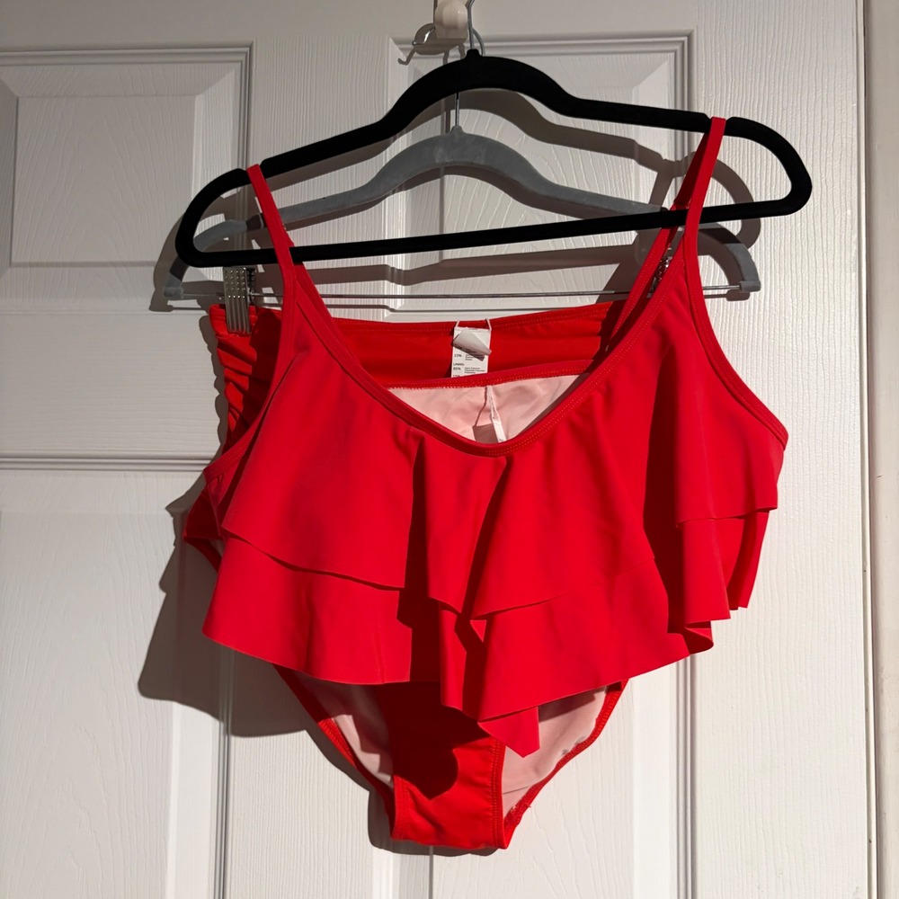 Cupshe Red Ruffle Bikini Set High Waisted Slim & Sculpt Two Piece Swimsuit Large